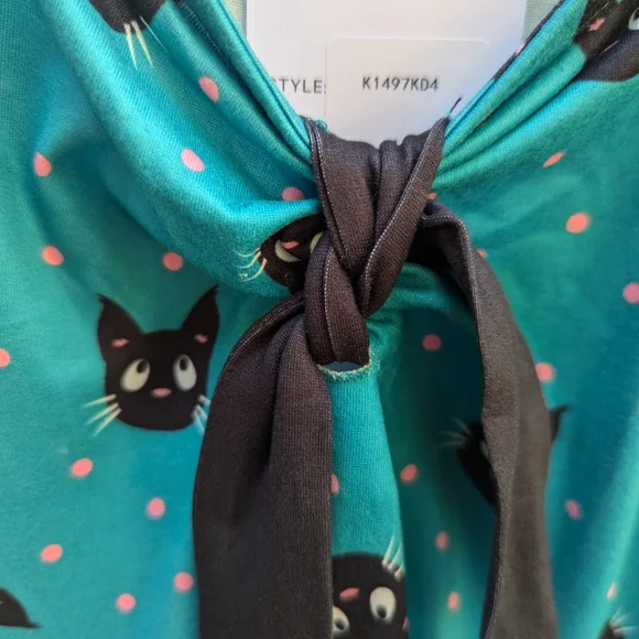 Unique Vintage Teal Cat Pattern Midi Dress - Picture 9 of 13